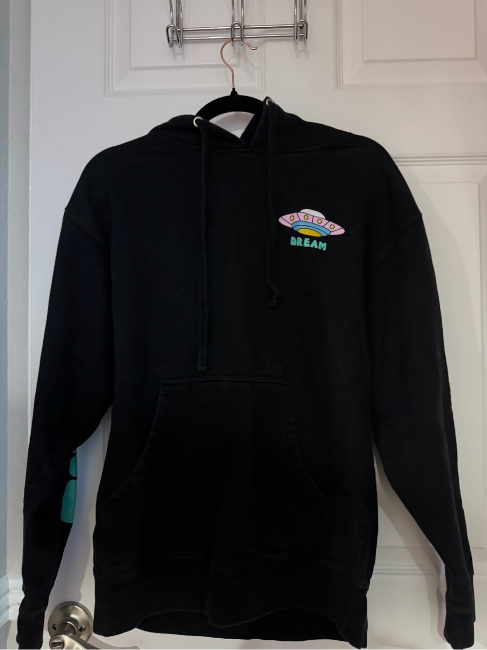 Black Crewneck Hoodie with Colorful 'Dream' UFO Graphic